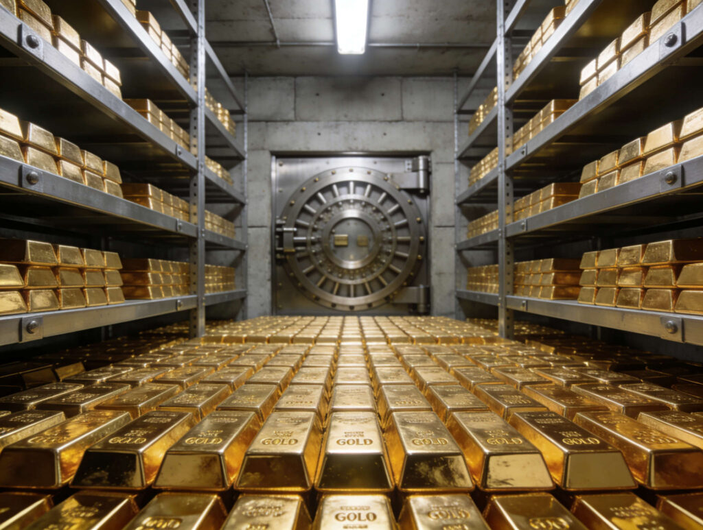 Gold bullion in a secure vault.