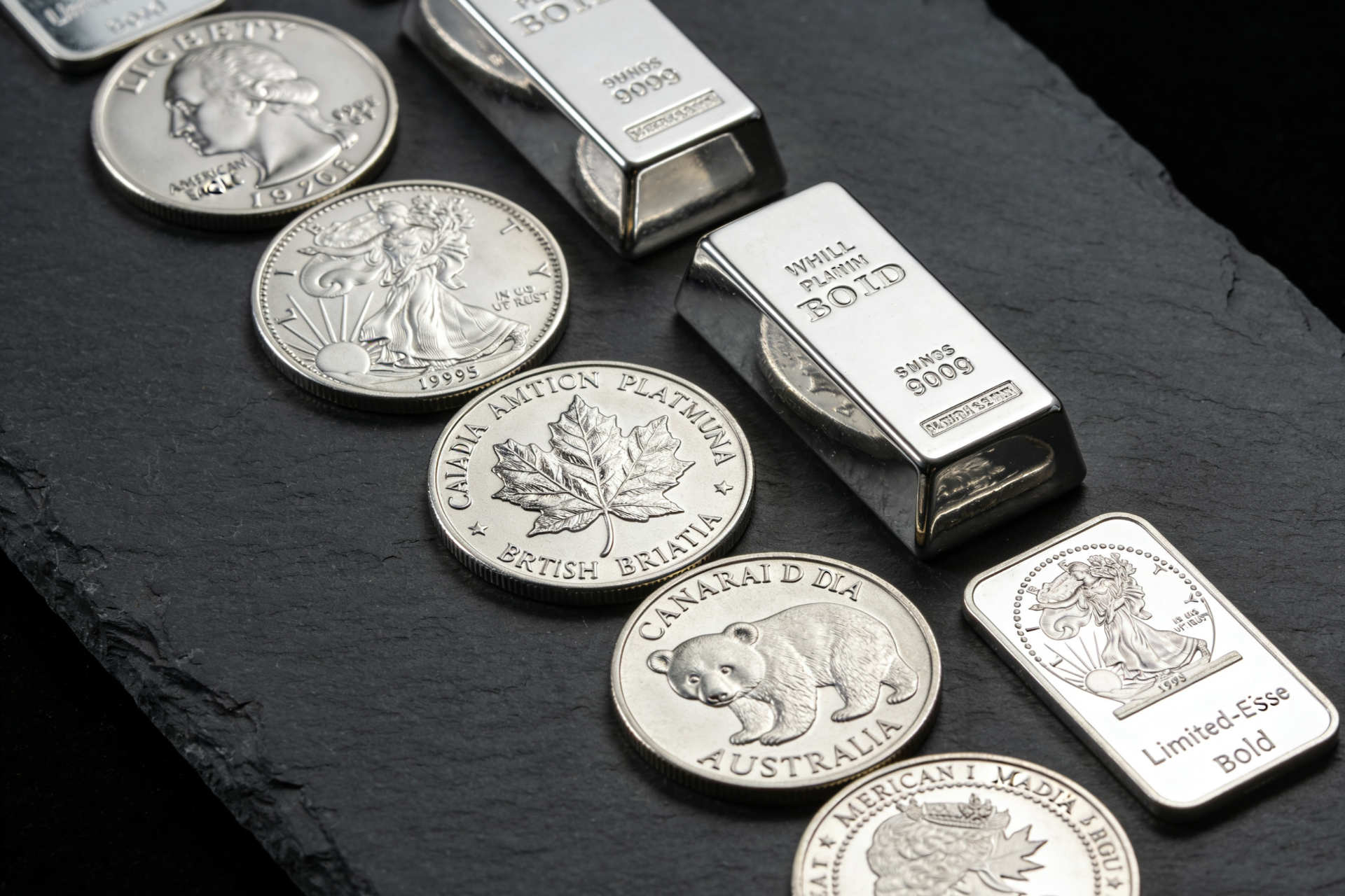 Platinum Platinum and Palladium: 0.9995 pure American Platinum Eagle, Canadian Platinum Maple Leaf, British Platinum Britannia, and Australian Platinum Koala, Canadian Palladium Maple Leaf, limited-issue American Palladium Eagles, Platinum and Palladium Bullion Bars.
